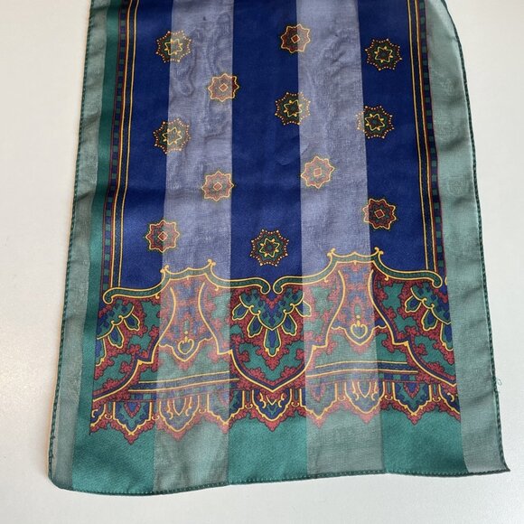 Vintage 80s Silk Scarf Navy Medallions Sheer Satin Stripe Rectangular 10.5X52" - Picture 4 of 6